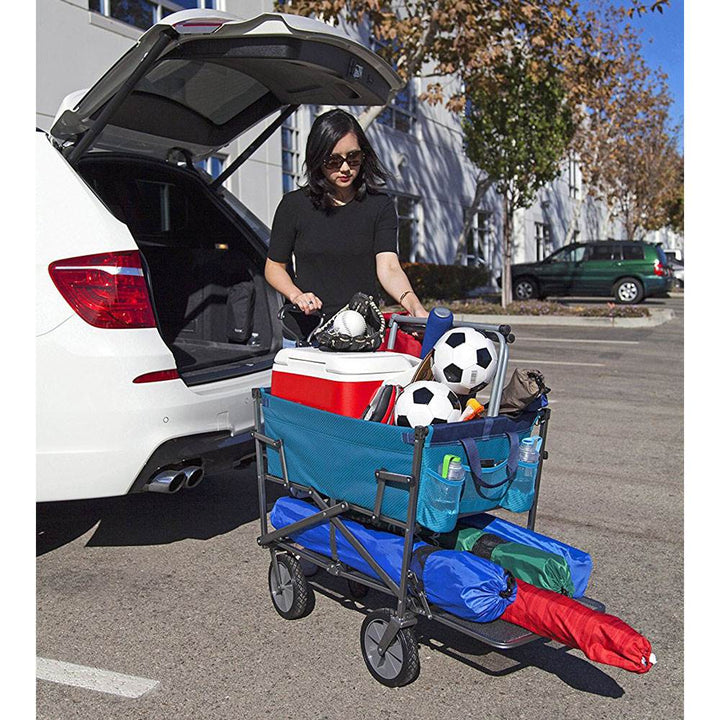 Mac Sports Double Decker Collapsible Yard Cart Garden Wagon, Teal (Open Box)