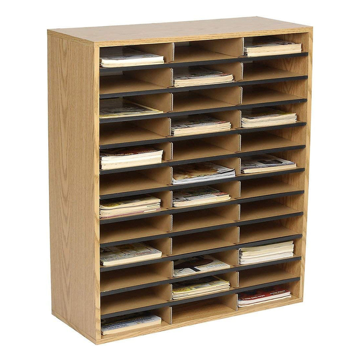 Safco 36 Letter Size Wooden Storage Compartment Literature Organizer with Labels