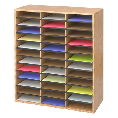 Safco 36 Letter Size Wooden Storage Compartment Literature Organizer with Labels