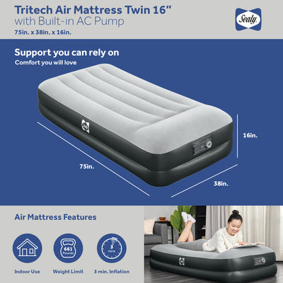 Sealy Tritech Twin Sized 16" Air Mattress Bed 2 Person w/Built-In AC Pump & Bag - VMInnovations