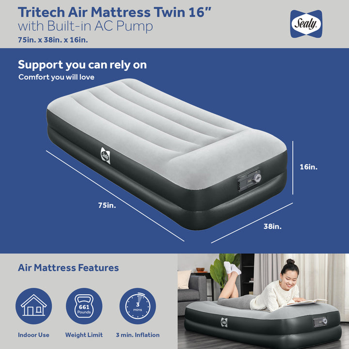 Sealy 16 Inch Inflatable Mattress Twin Airbed w/ Built-In AC Air Pump (Used) - VMInnovations