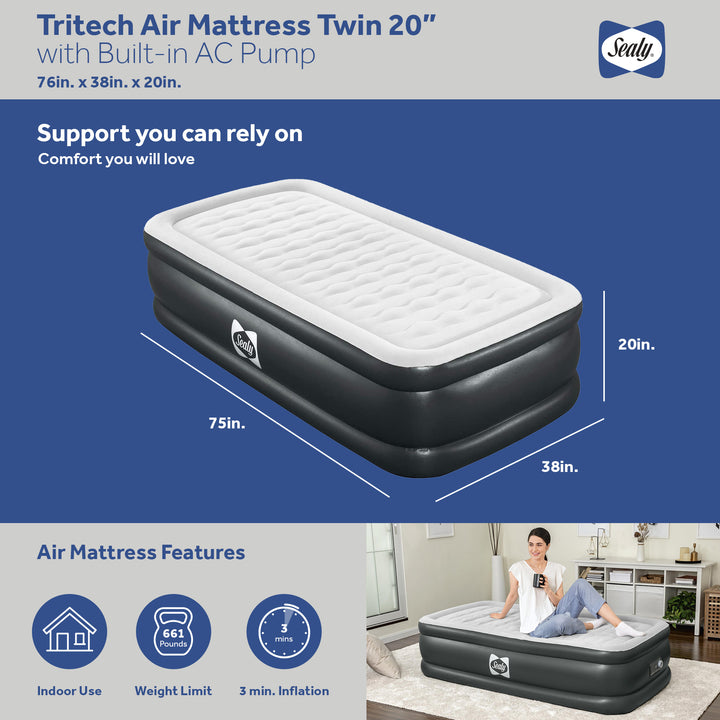 Sealy Tritech Twin Sized 20" Air Mattress Bed 2 Person w/ Built-In AC Pump & Bag