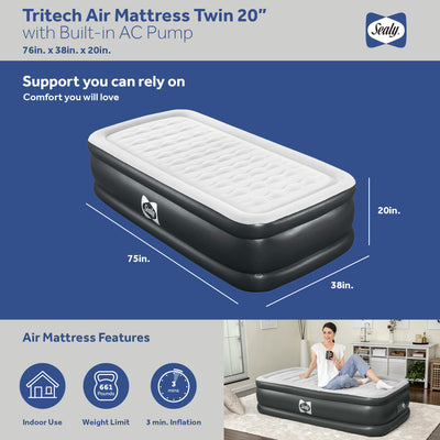 Sealy Tritech 20 Inch Inflatable Mattress Twin Airbed w/ Built-In Pump (Used)