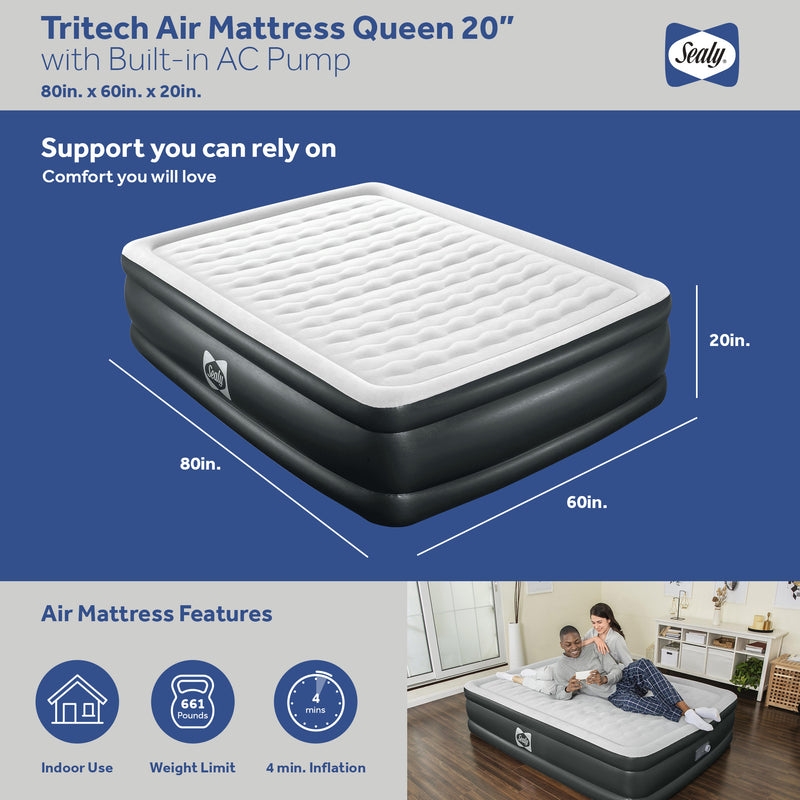 Sealy Tritech 20 Inch Built-In Pump Inflatable Mattress Queen Airbed (Used)