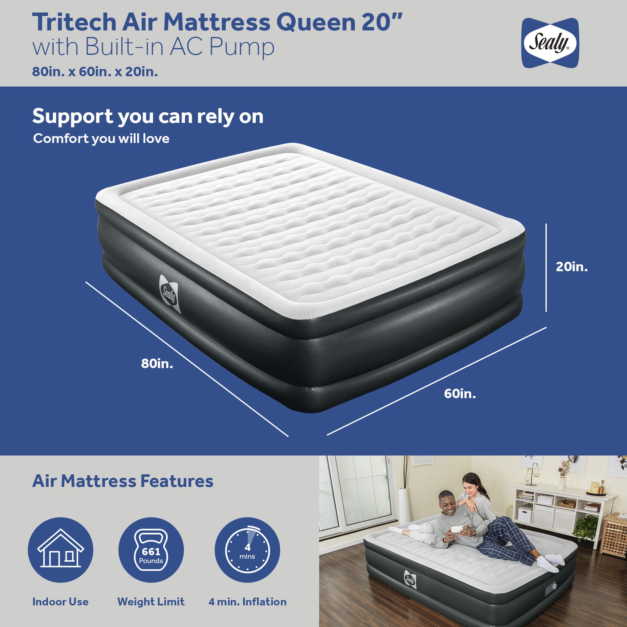Sealy 94056E-BW Tritech 20 Inch Built-In Pump Inflatable Mattress Queen Airbed (For Parts)
