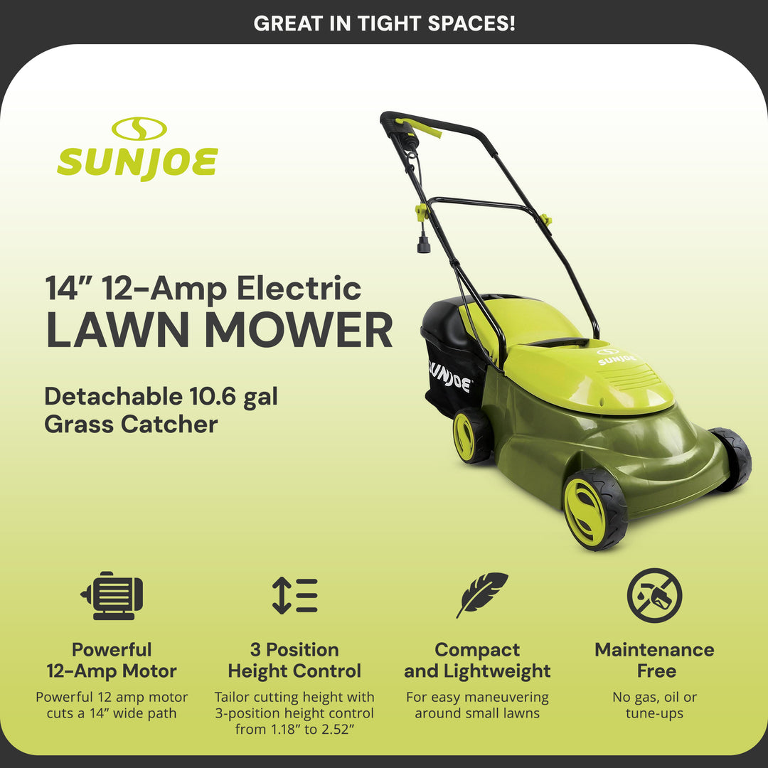 Sun Joe MJ401E 14 Inch 12 Amp Home Electric Corded Push Behind Lawn Mower, Green