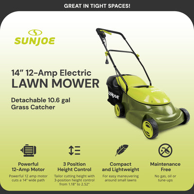 Sun Joe 14" 12 Amp Home Electric Corded Push Behind Lawn Mower, Green (Open Box)