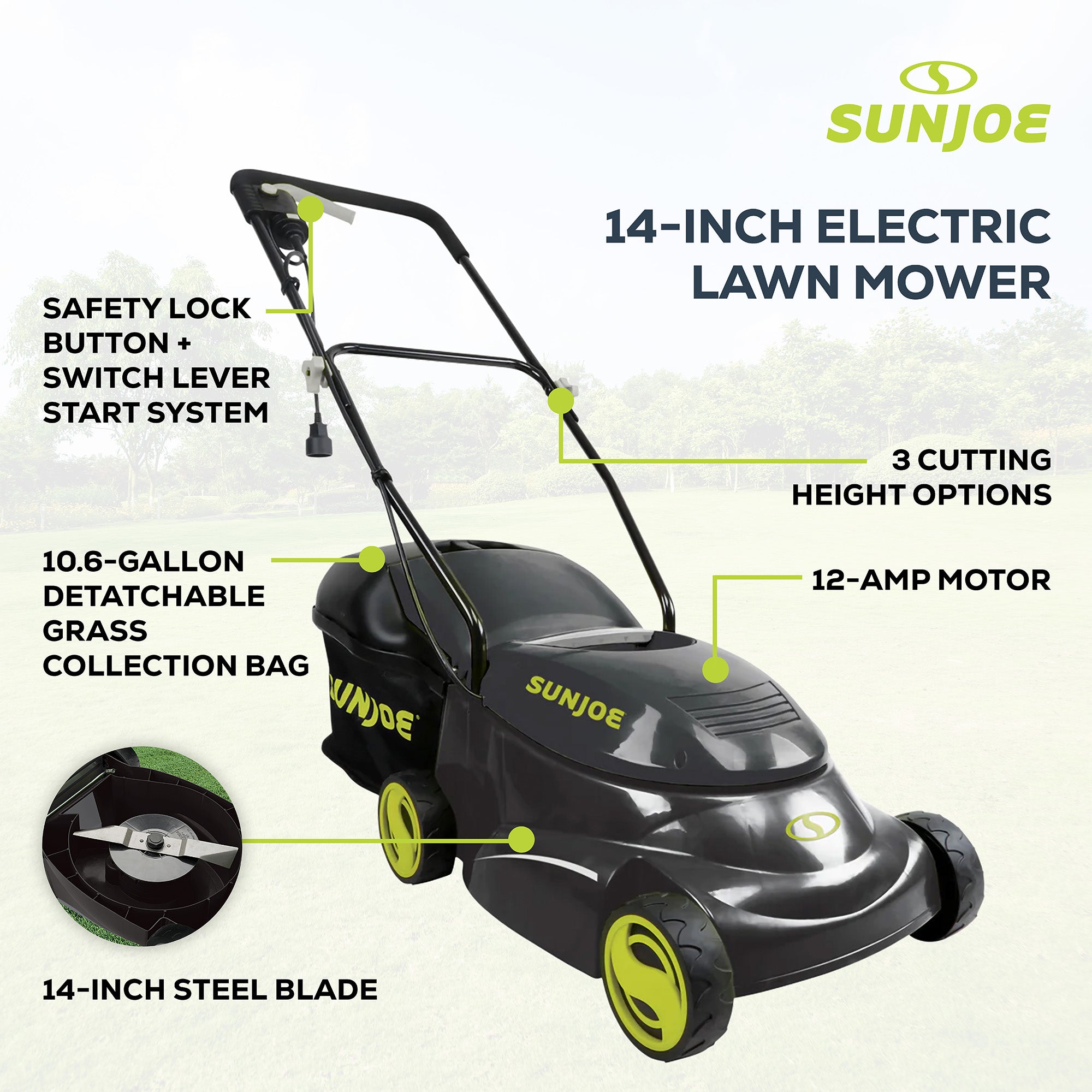 Sun Joe MJ401E 14 Inch 12 Amp Home Electric Corded Push Behind Lawn Mower, Green - VMInnovations