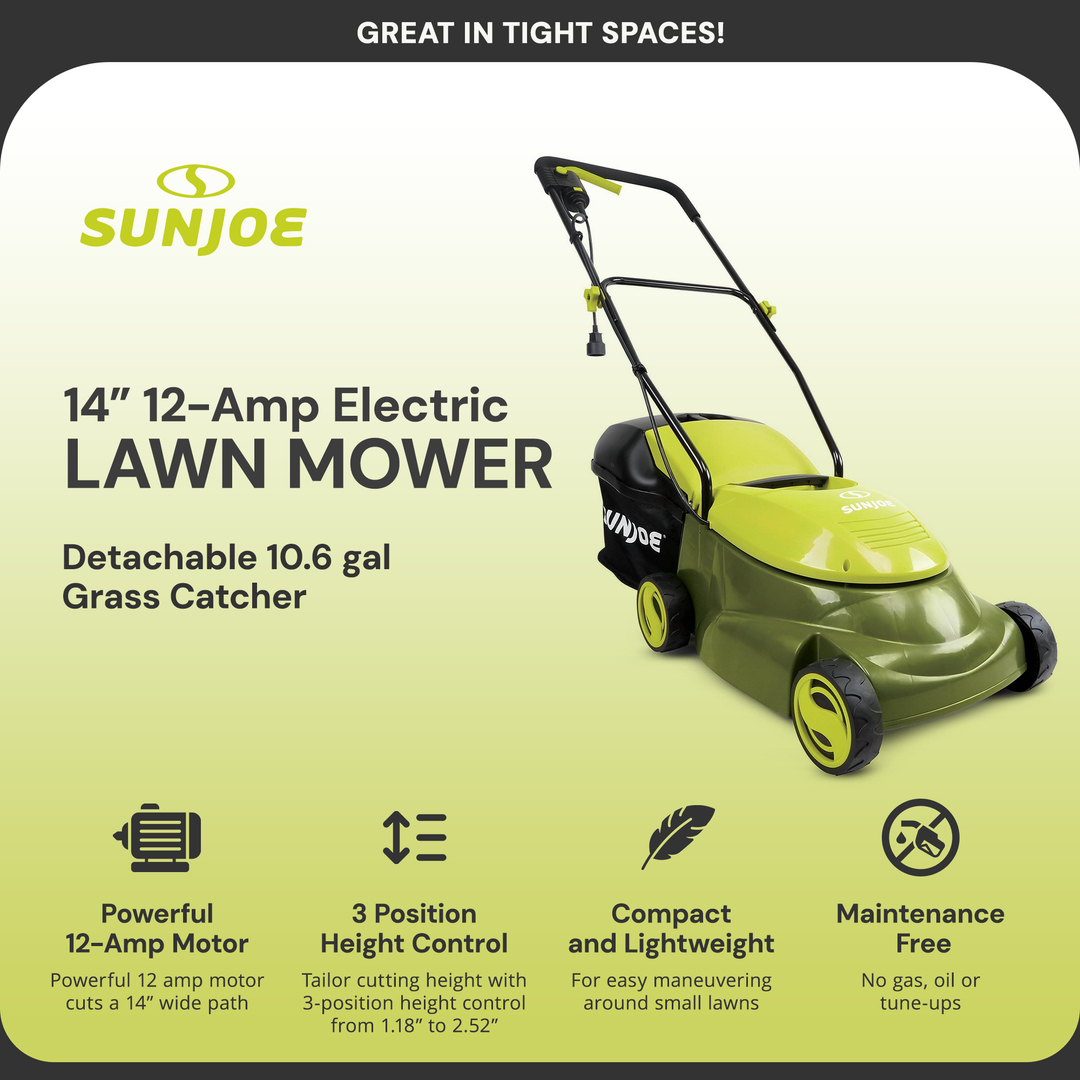 Sun Joe MJ401E 14 Inch 12 Amp Home Electric Corded Push Behind Lawn Mower, Green - VMInnovations