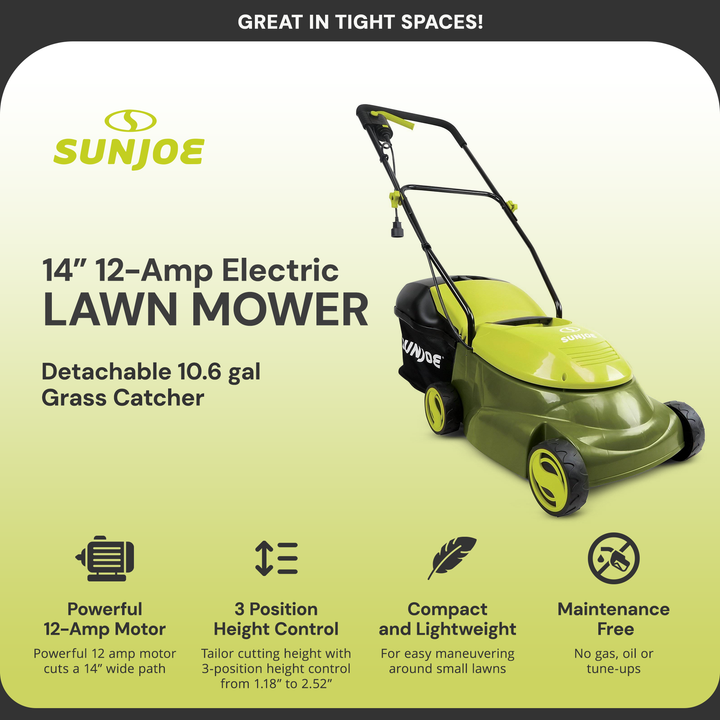 Sun Joe MJ401E 14 Inch 12 Amp Home Electric Corded Push Behind Lawn Mower, Green - VMInnovations
