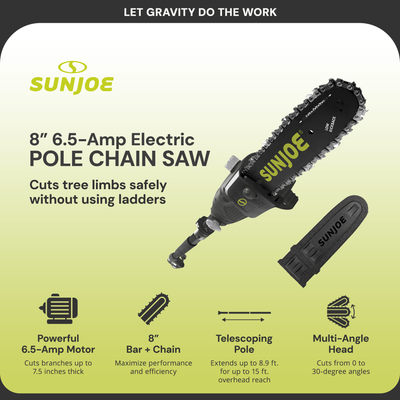 Sun Joe SWJ802E 8 Inch 6.5 Amp Electric Telescoping Multi Angle Pole Chainsaw