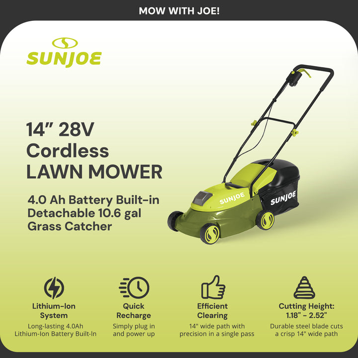 Sun Joe 28V Cordless Electric 14 Inch Push Behind Lawn Mower, Green (Open Box)