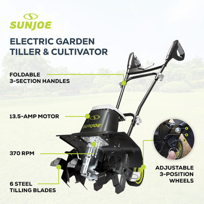 Sun Joe Electric Garden Tiller Cultivator, Steel Tines, 13.5 Amp, 16" (Open Box)