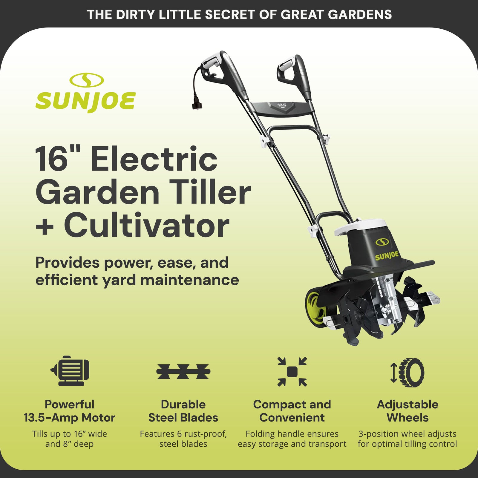 Sun Joe Electric Garden Tiller Cultivator, Steel Tines, 13.5 Amp, 16", TJ604E - VMInnovations