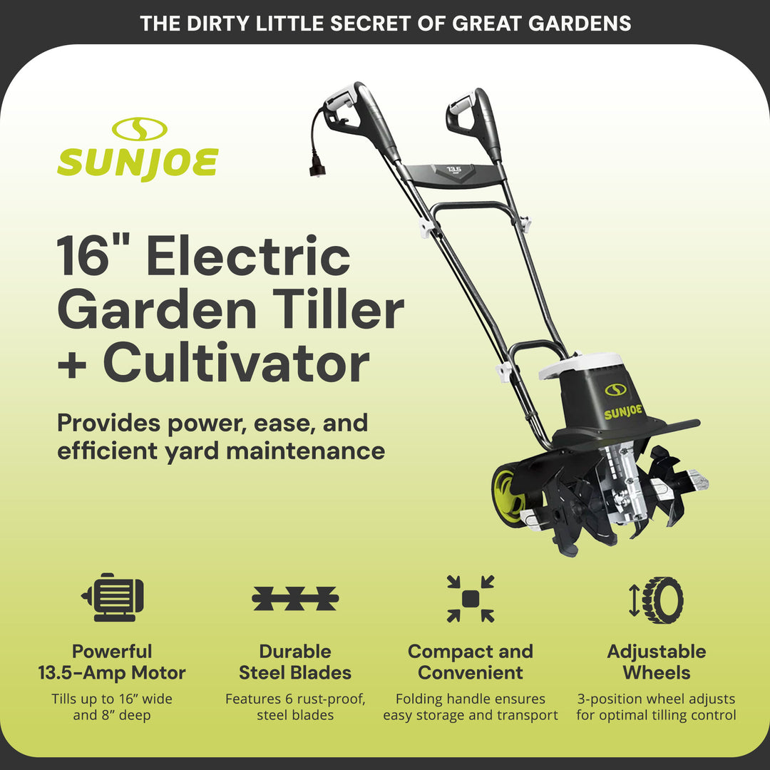 Sun Joe Electric Tiller Cultivator, Steel Tines, 13.5 Amp, 16", Black (Open Box)