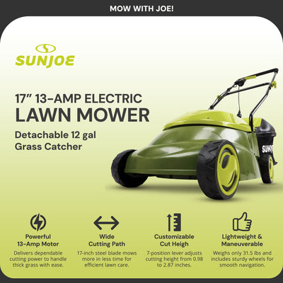 Sun Joe Push Lawn Mower and Mulcher, 17" Walk Behind Grass Cutter, SUJ-MJ403E