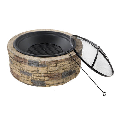 Sun Joe SJFP35-STN 35 Inch Outdoor Cast Stone Fire Pit w/ Screen, Natural Stone