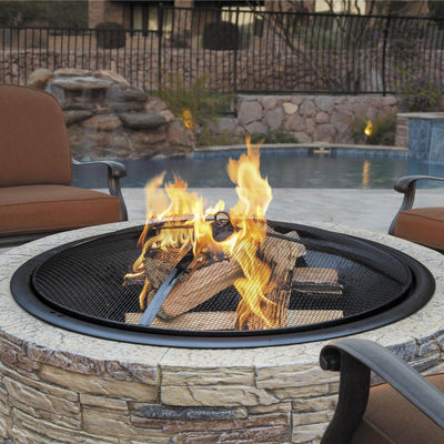 Sun Joe SJFP35-STN 35 Inch Outdoor Cast Stone Fire Pit w/ Screen, Natural Stone