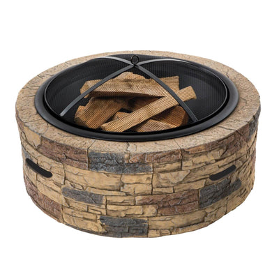 Sun Joe SJFP35-STN 35 Inch Outdoor Cast Stone Fire Pit w/ Screen, Natural Stone