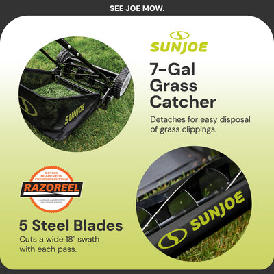 Sun Joe MJ501M Manual Reel 18" Lawn Mower w/ Grass Catcher, Green (Open Box)