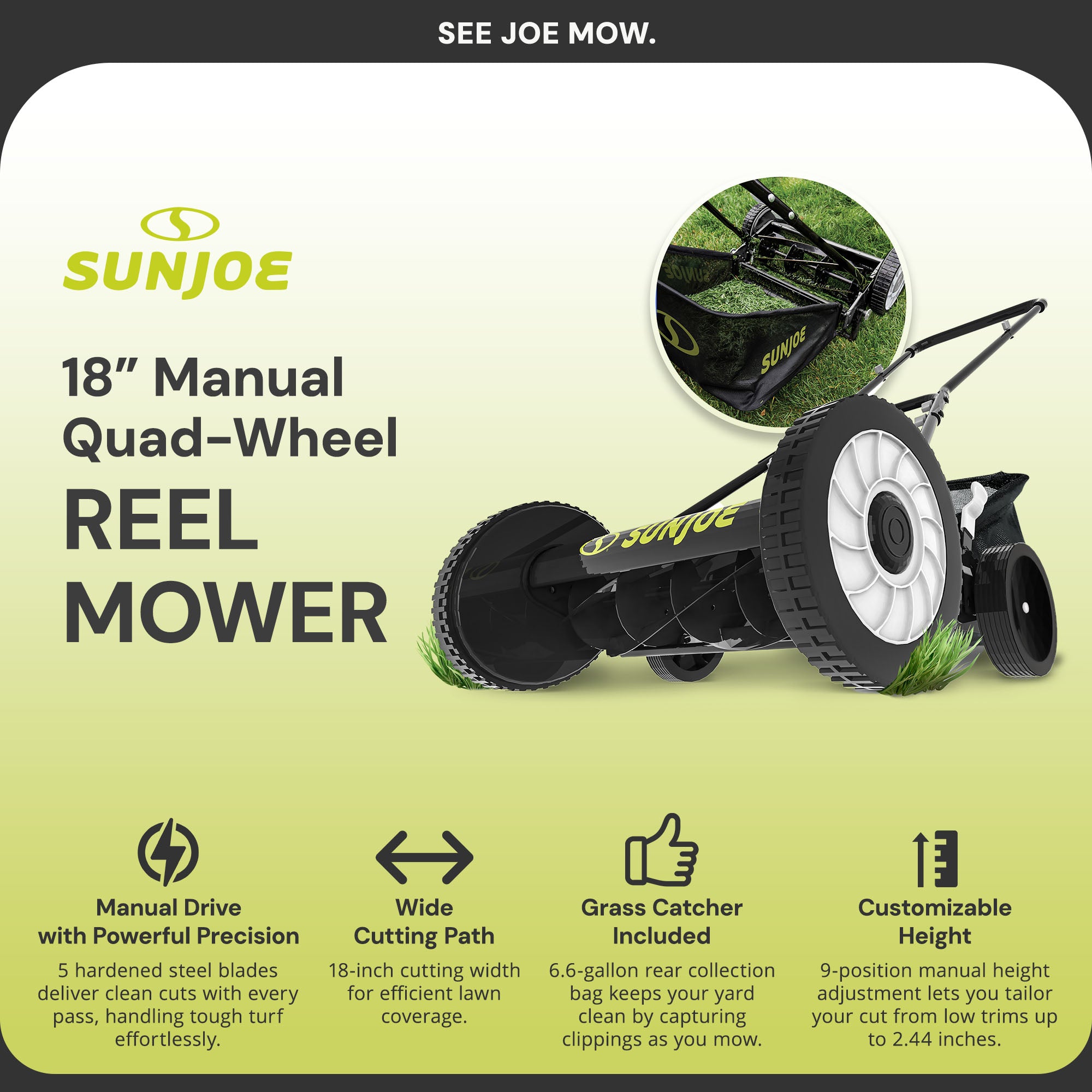 Sun Joe Manual Reel 18" Push Behind Lawn Mower w/ Grass Catcher, Green (Used) - VMInnovations