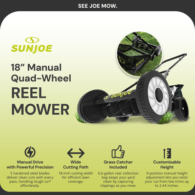 Sun Joe Manual Reel 18" Push Behind Lawn Mower w/ Grass Catcher, Green (Used) - VMInnovations
