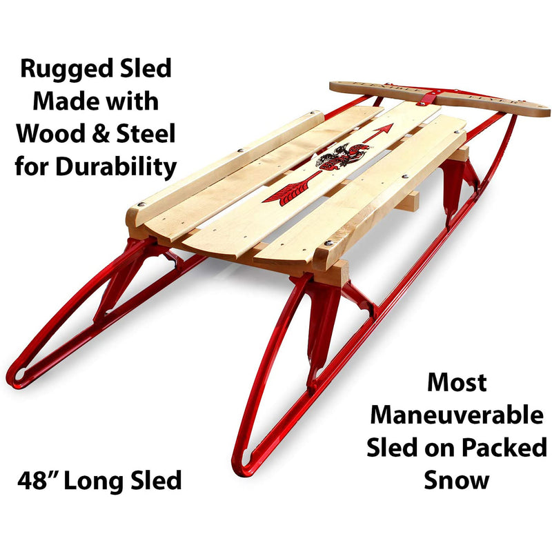 Flexible Flyer Metal Runner Steel/Wood 48" Long Snow Slider Sled for Kids, Red