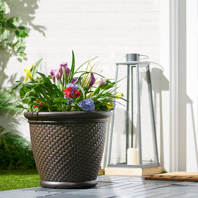 Suncast 1807J4 18 x 16.5 Inch Wicker Resin Flower Pot Garden Planter, Dark Brown - VMInnovations