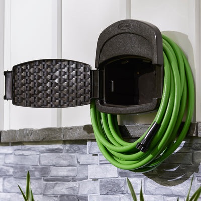 Suncast Hangout 150ft Resin Wicker Mounted Storage Hose Rack, Brown (Open Box)
