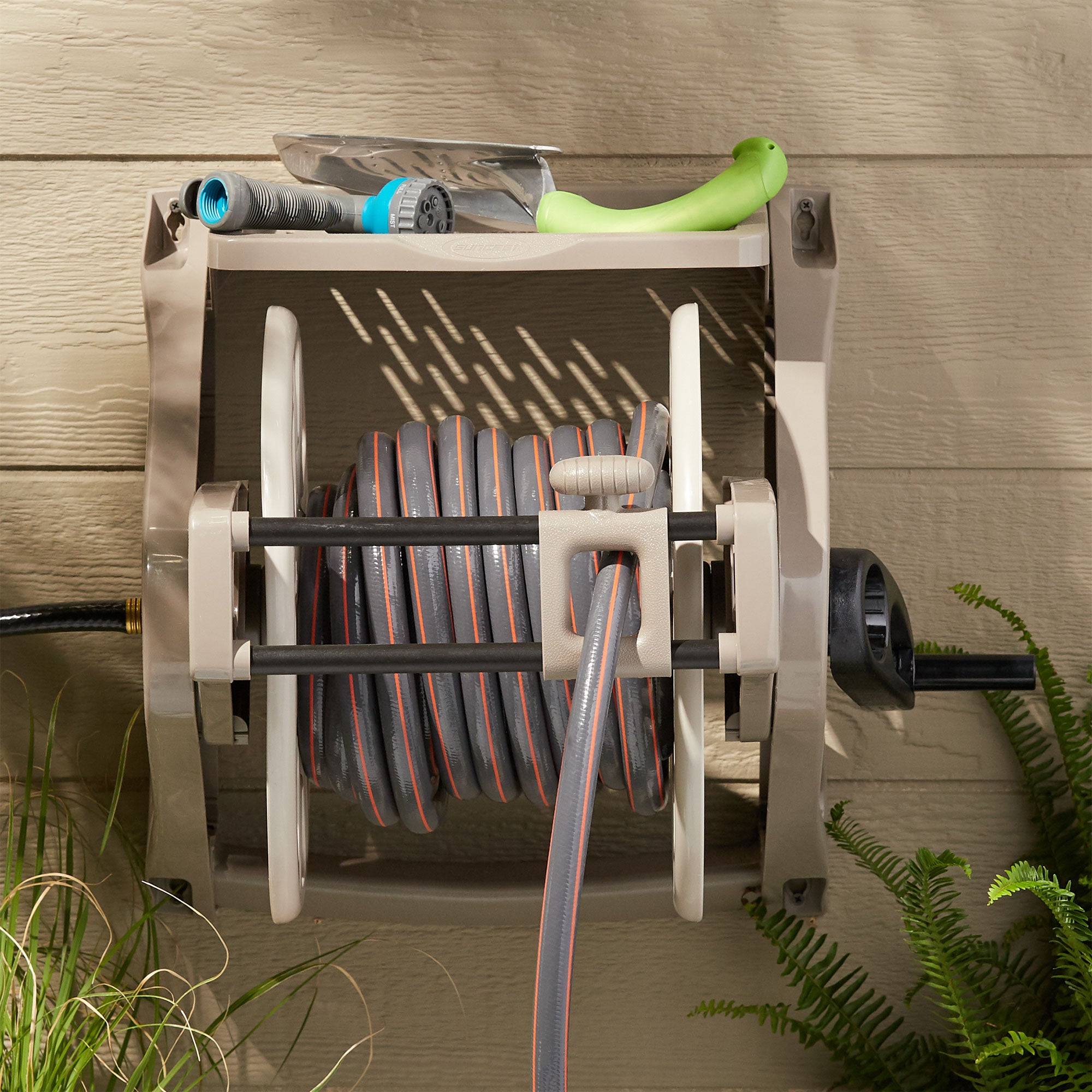 Suncast 175 Foot Slide Trak Garden Hose Wall Mounted Hose Reel, Java (Open Box)