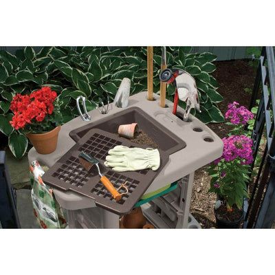 Suncast GC1500BT Portable Outdoor Resin Garden Center Station Tool Cart, Taupe