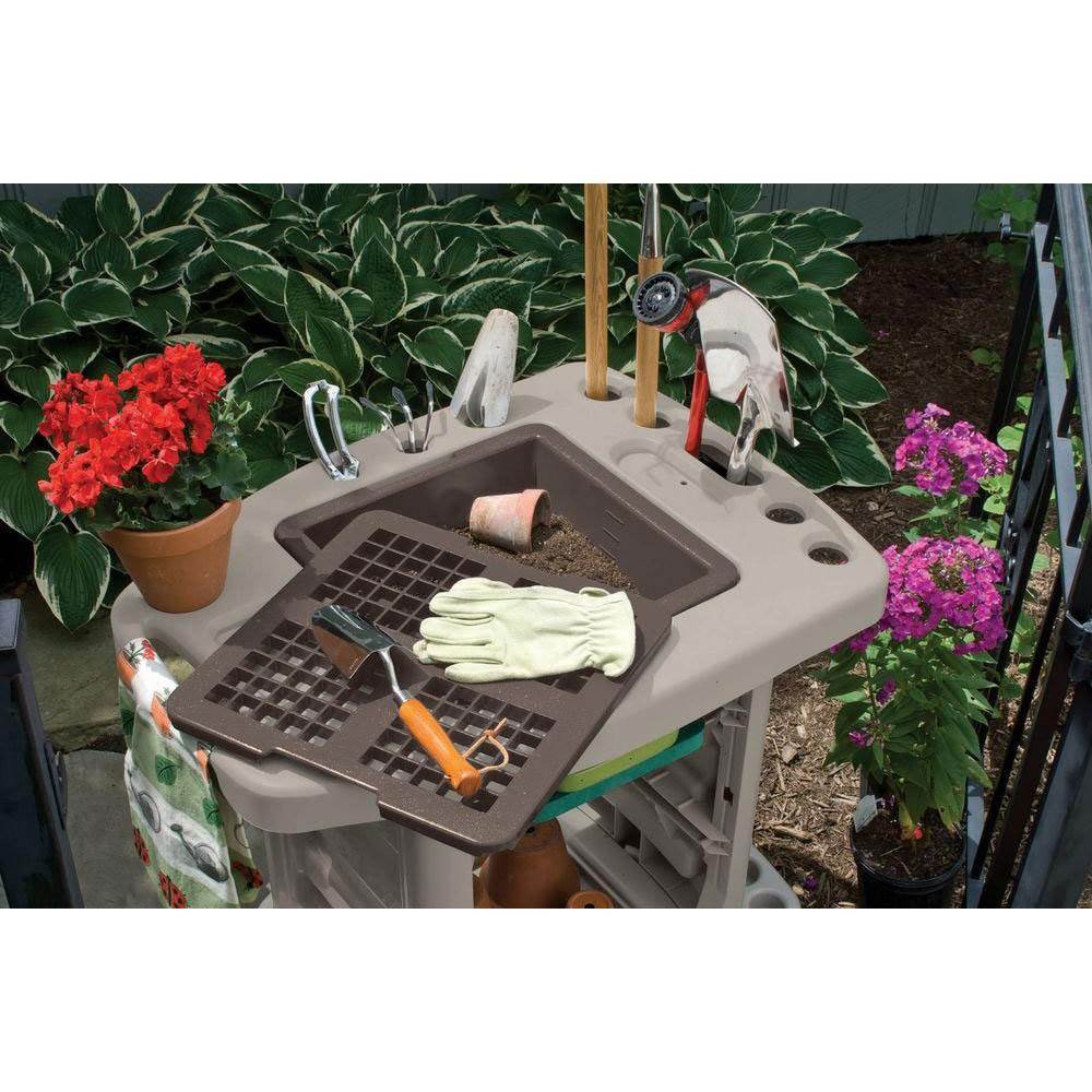 Suncast Portable Outdoor Garden Center Station Tool Cart, Light Taupe (Open Box)