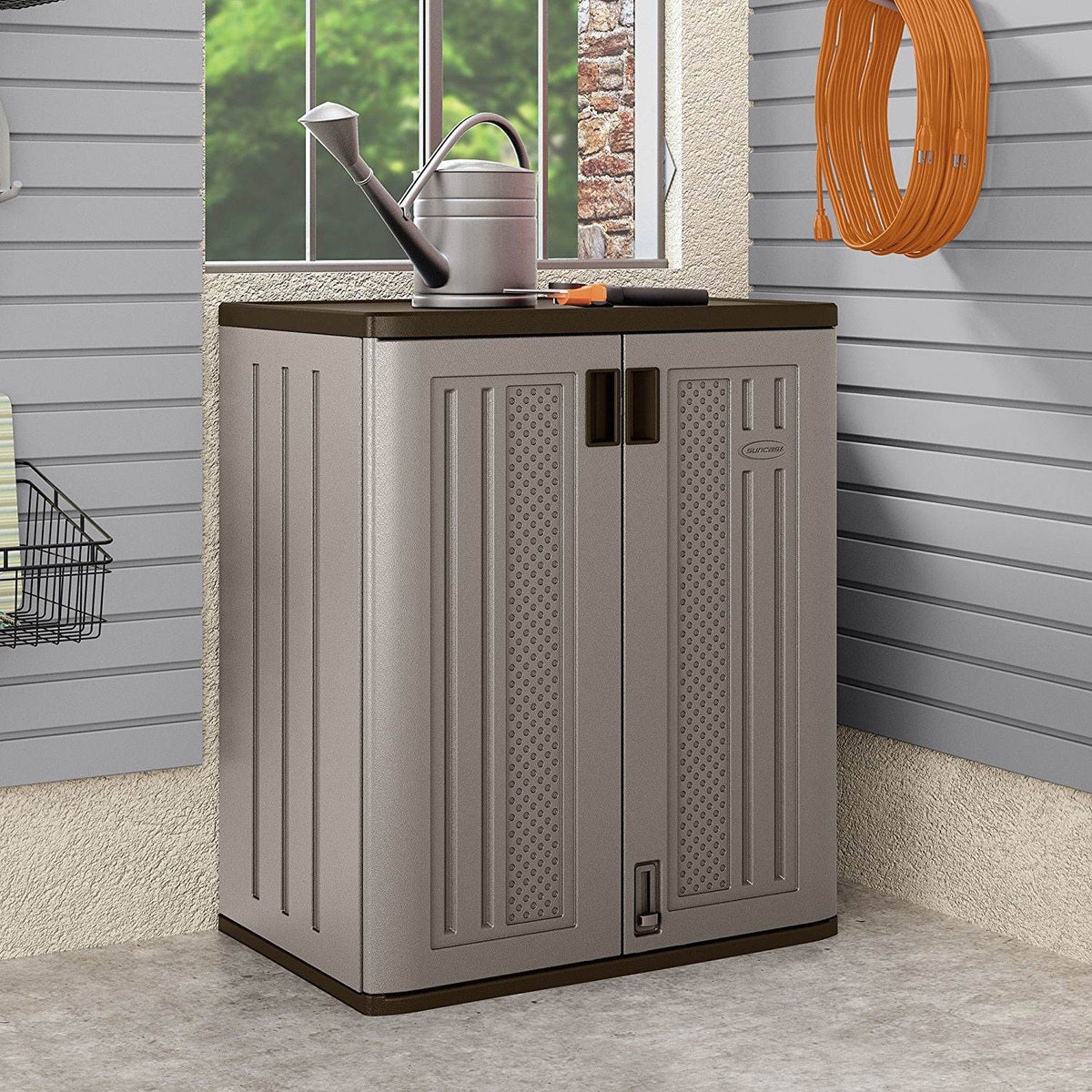 Suncast 9 Cu Ft Heavy Duty Resin Garage Base Storage Cabinet, Platinum (Used)