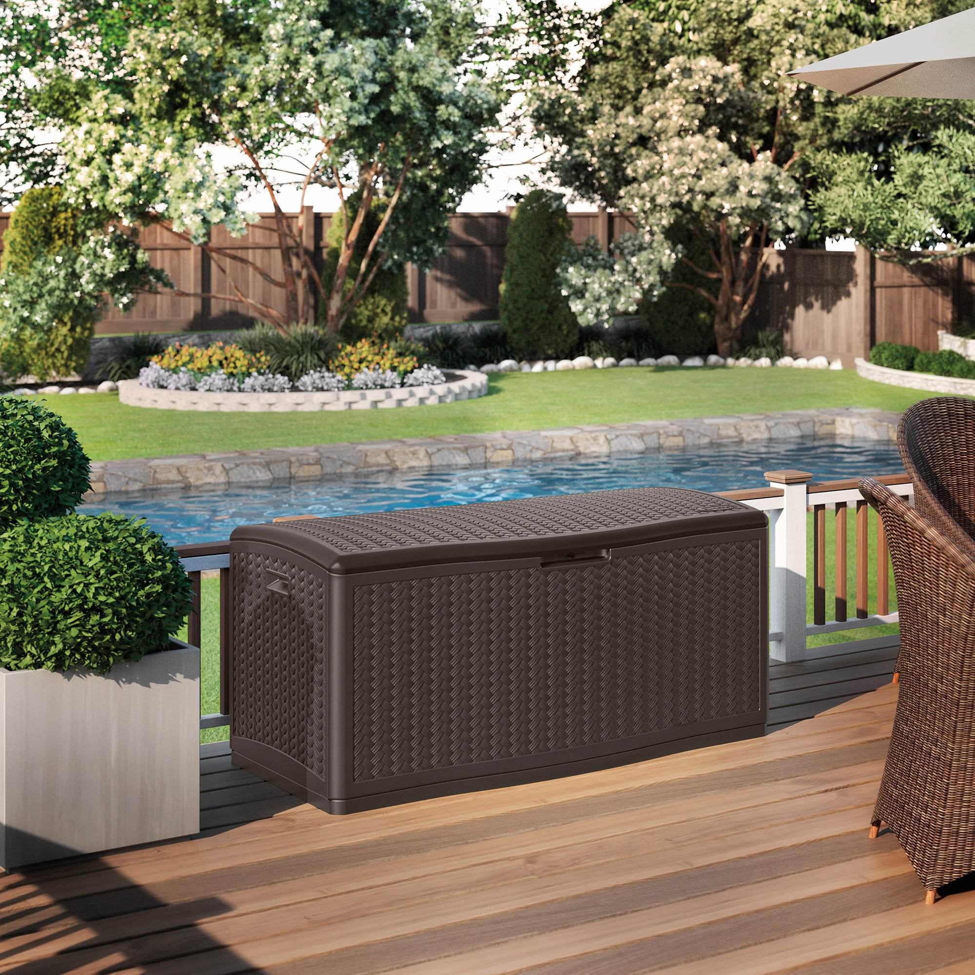 Suncast 124 Gal Extra Large Wicker Resin Outdoor Patio Storage Deck Box, Java