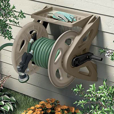 Suncast Handler 200 Foot Resin Wall Mounted Outdoor Garden Hose Reel, Taupe (For Parts)