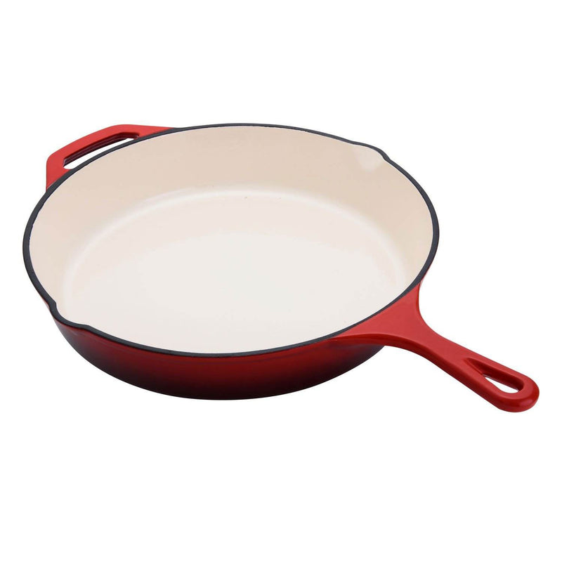 Hamilton Beach 12 Inch Enameled Coated Solid Cast Iron Frying Pan Skillet, Red
