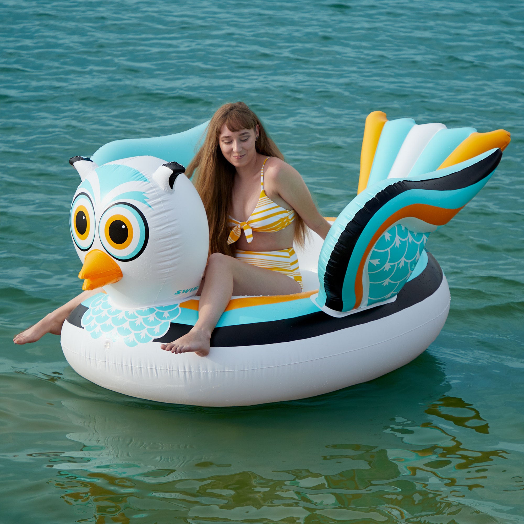 Swimline 90721M Swimming Pool Lake Giant Rideable Owl Inflatable Float, White - VMInnovations