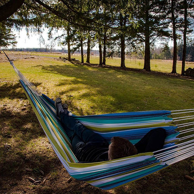 Vivere Brazilian Style Double Outdoor Cotton Hammock with Carry Bag, Cayo Reef - VMInnovations