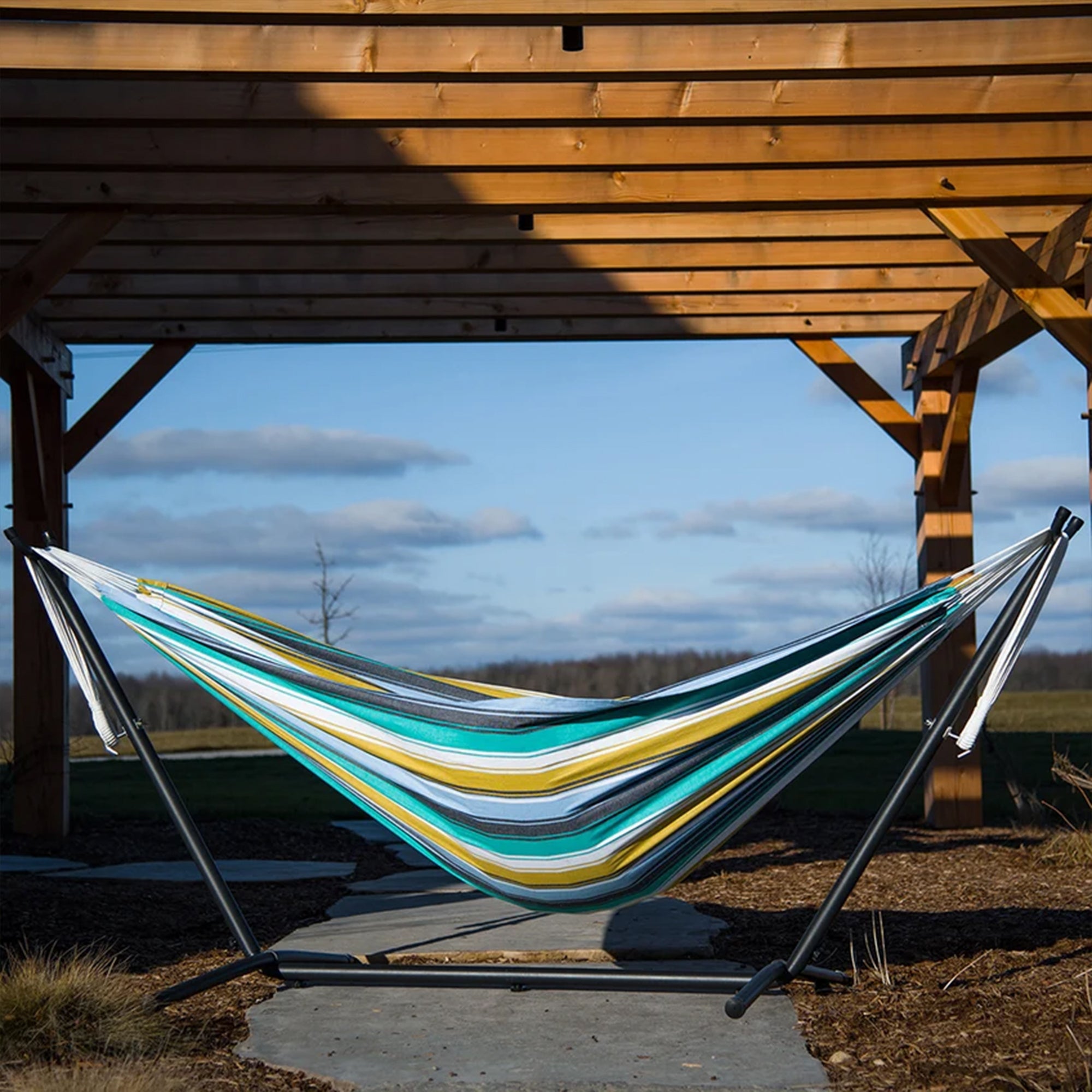 Vivere Double Cotton Combo Outdoor Patio Hammock with Stand, Cayo Reef(Open Box) - VMInnovations
