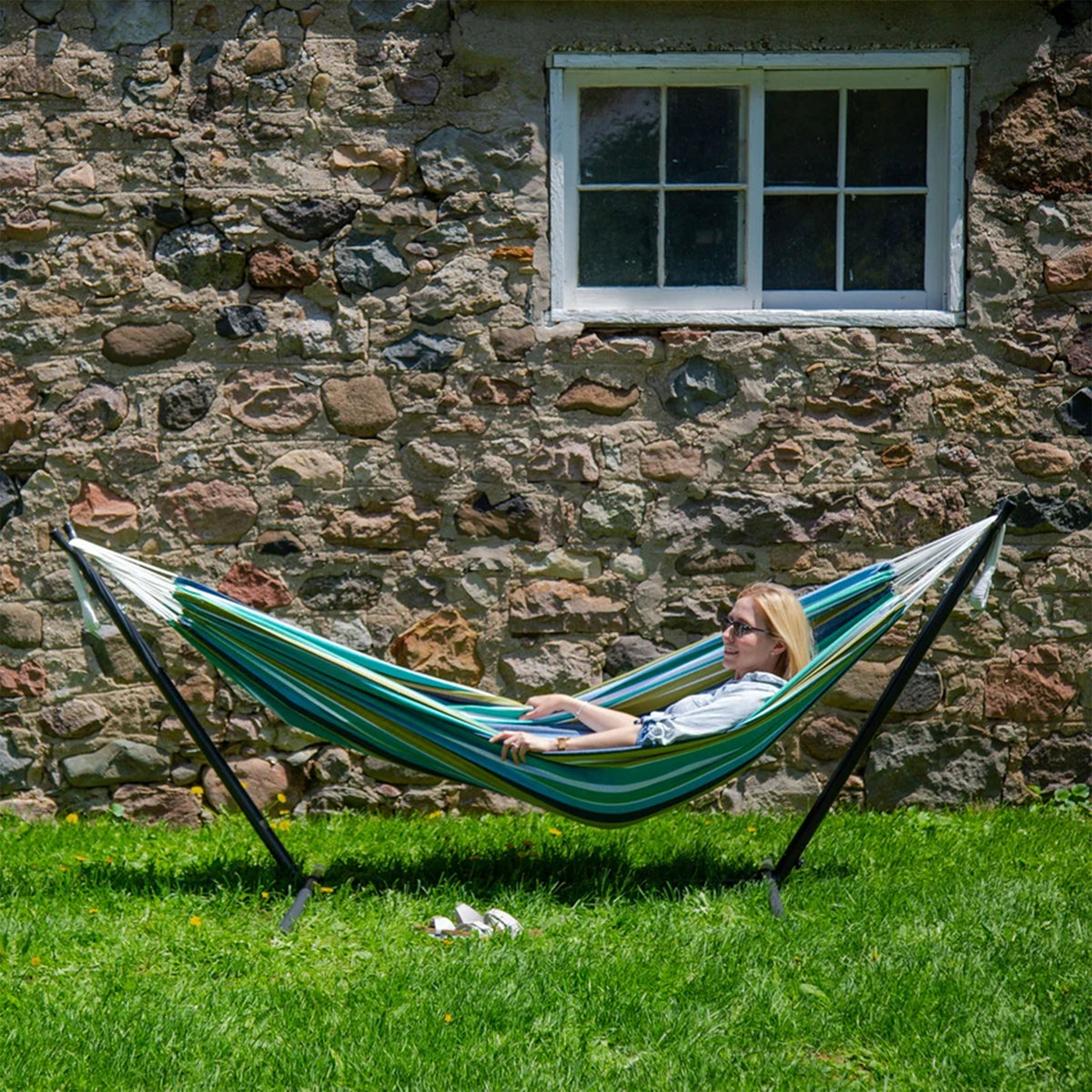 Vivere Double Cotton Combo Outdoor Patio Hammock with Stand, Cayo Reef(Open Box) - VMInnovations