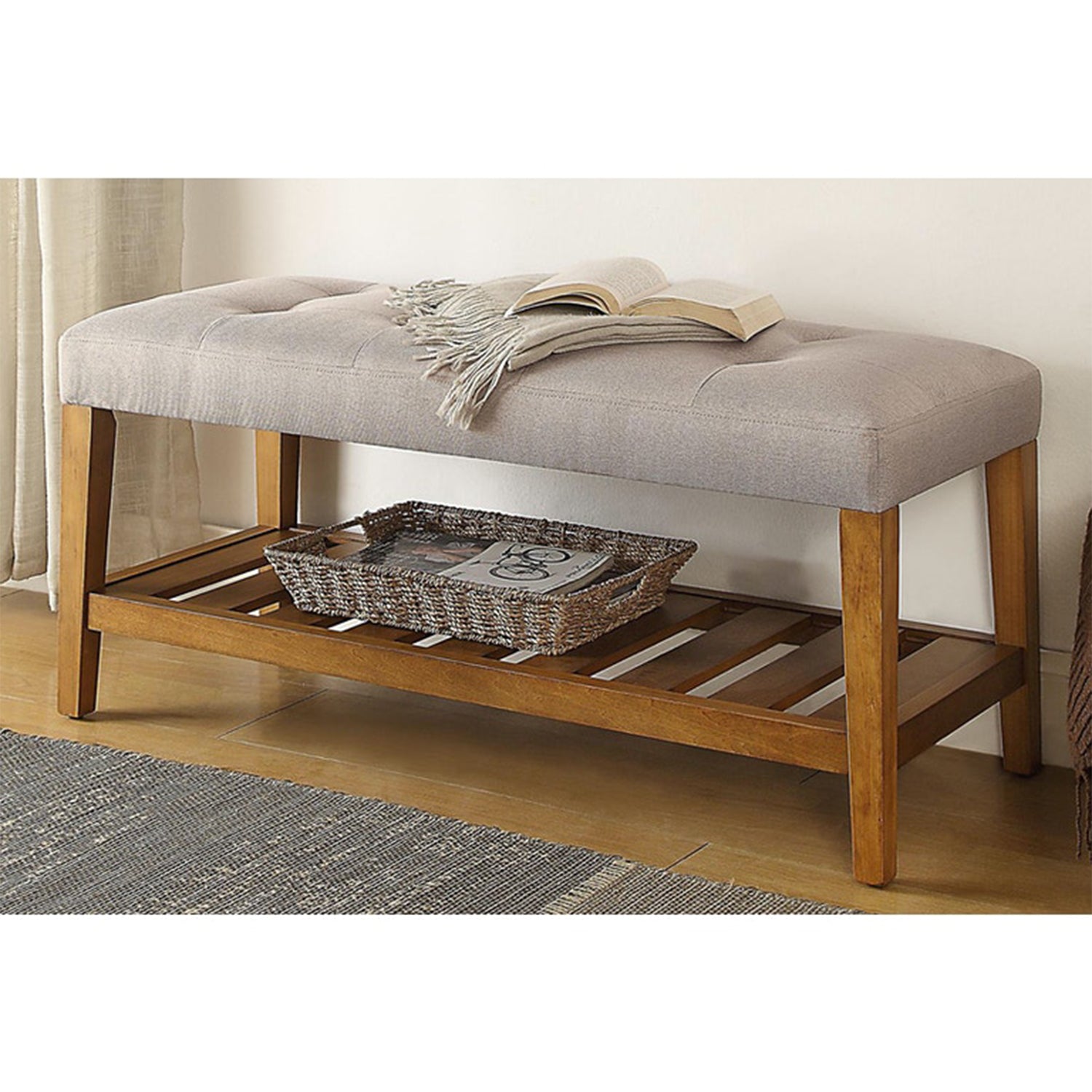 ACME Charla Wooden Frame Slatted Lower Shelf Bench, Light Gray Oak (For Parts)