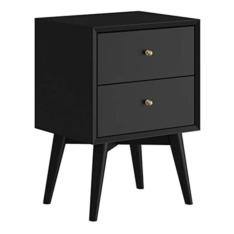Alpine Furniture Mid Century Modern 2 Drawer Wood Nightstand, Black (Open Box)