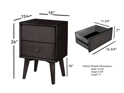 Alpine Furniture Mid Century Modern 2 Drawer Wood Nightstand, Black (Open Box)
