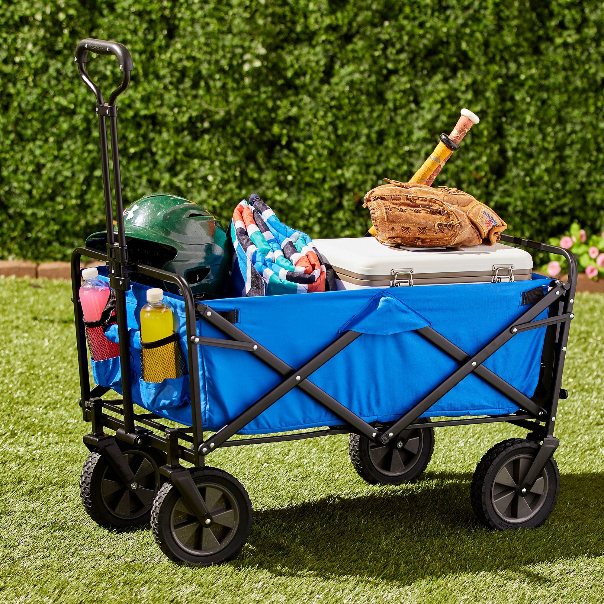Mac Sports Collapsible Folding Outdoor Garden Utility Wagon Cart w/ Table, Blue - VMInnovations