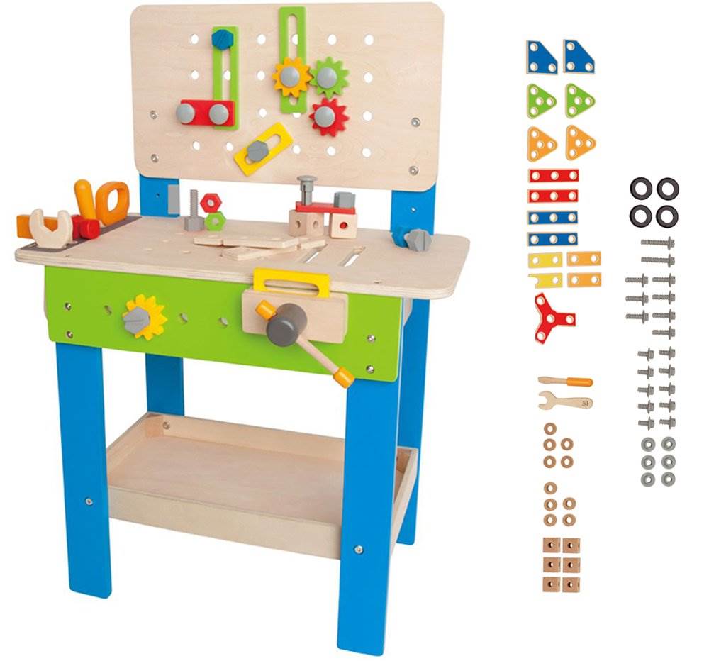 Hape Wooden Tool and Workbench Builder Set + Hape 62 Piece Master Builder Set