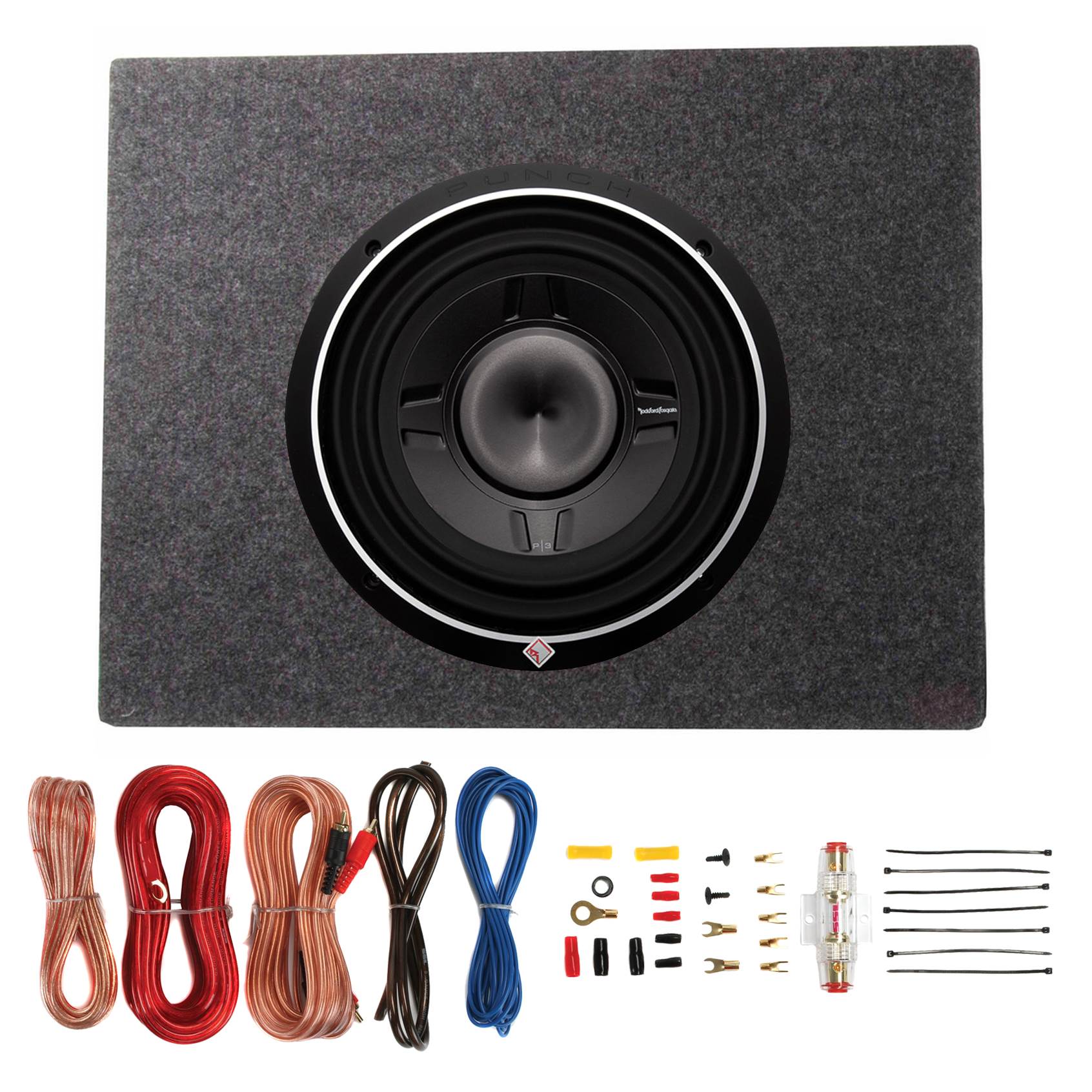 Rockford Fosgate 12" 800W Audio Shallow Subwoofer + Enclosure + Amp Wiring Kit