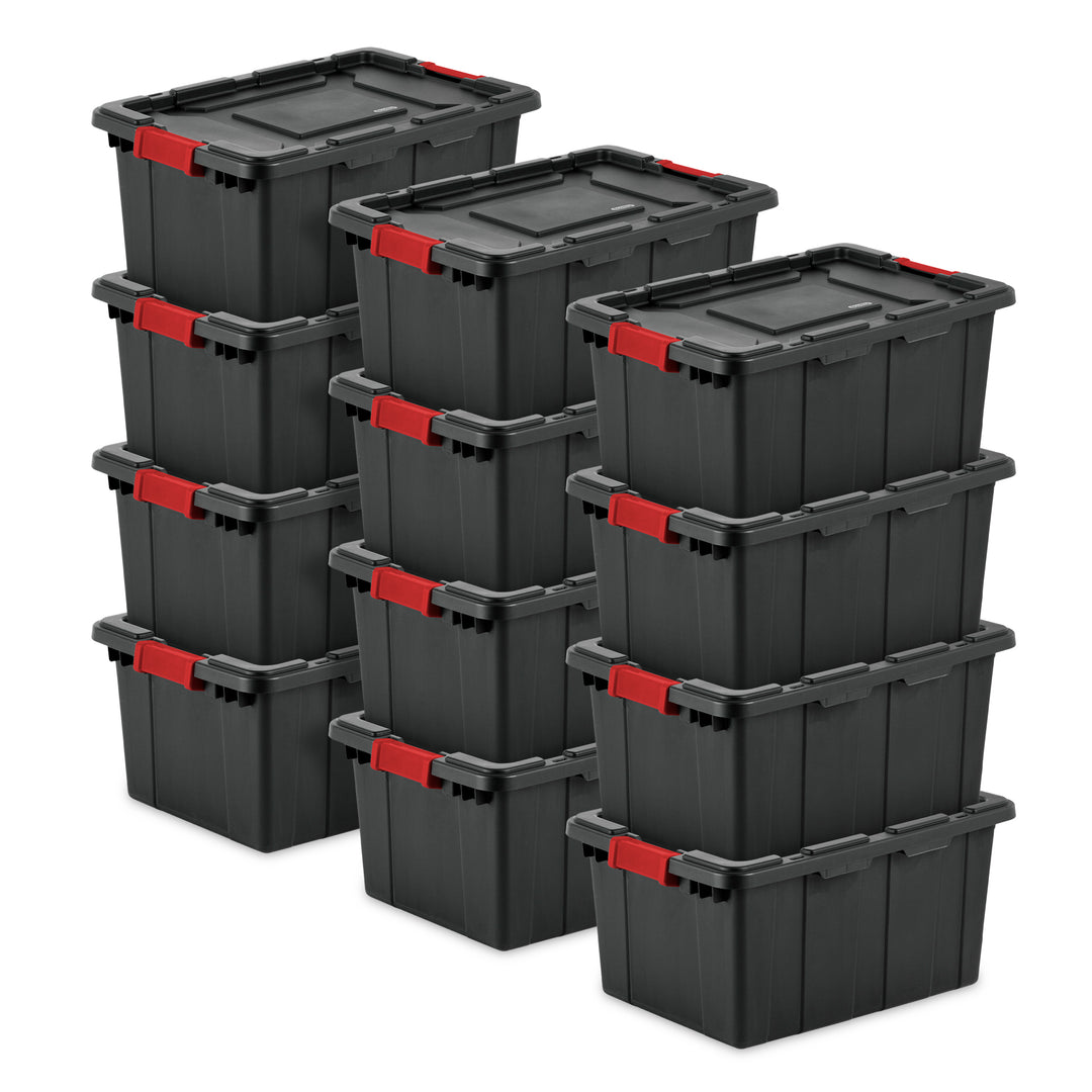 Sterilite 15 Gallon Durable Rugged Industrial Tote with Red Latches, 12 Pack