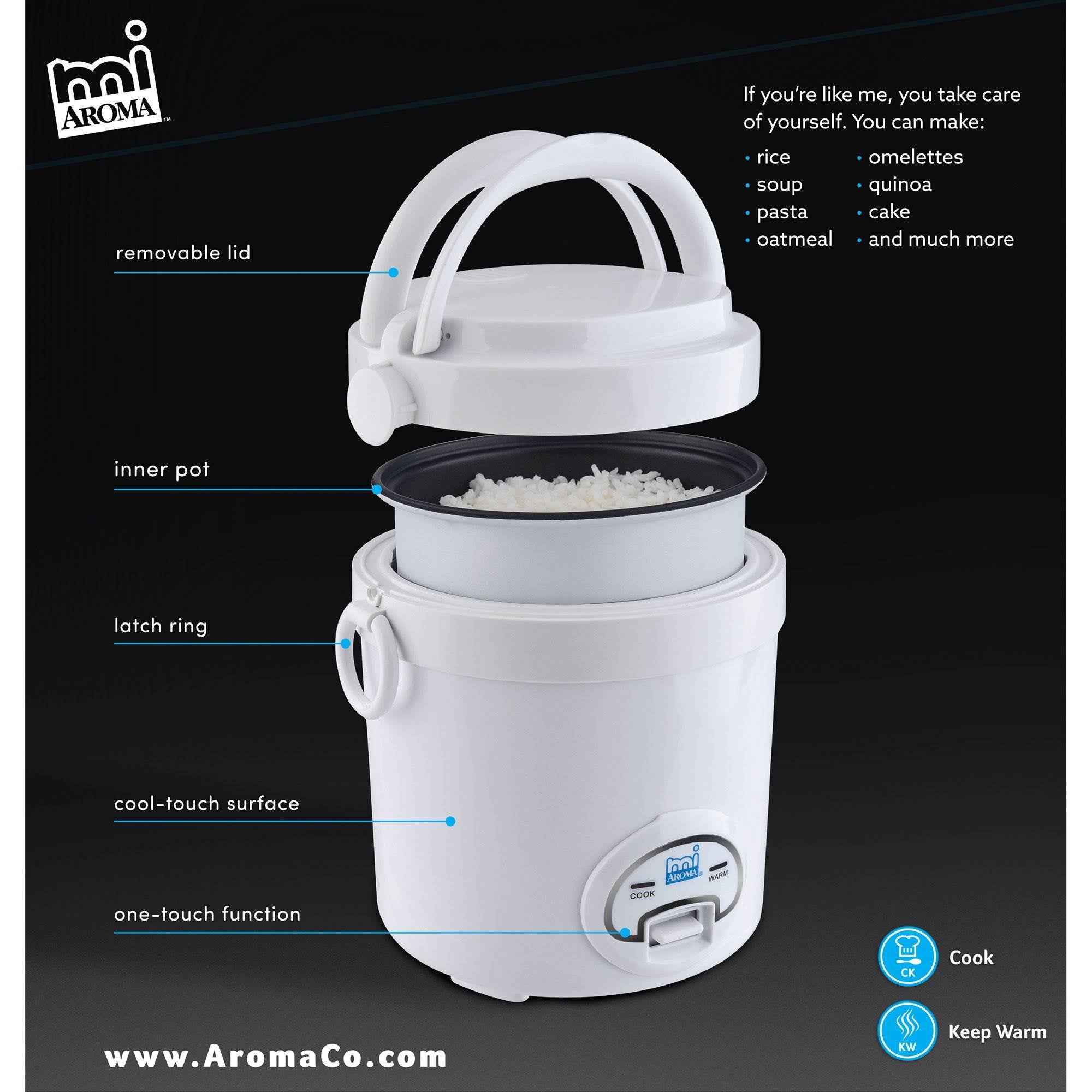 Aroma miAroma Mini 3 Cup Nonstick Dishwasher Safe Rice Cooker, White (Open Box)