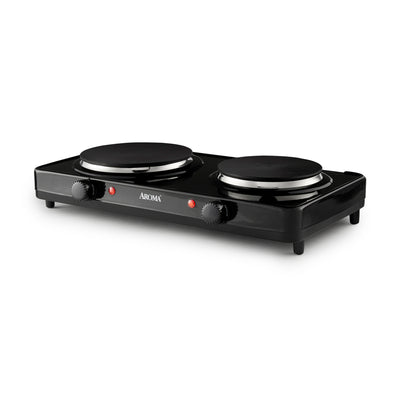 Aroma Cast Iron Portable Double Burner Electric 1440W Hot Plate, Black(Open Box)