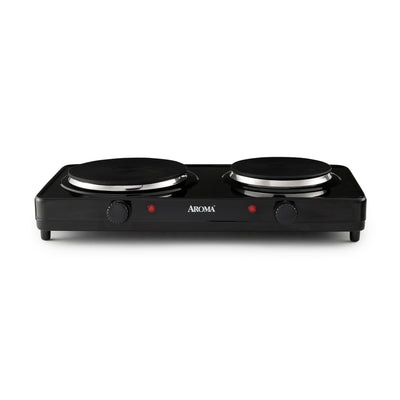 Aroma Cast Iron Portable Double Burner Electric 1440W Hot Plate, Black(Open Box)